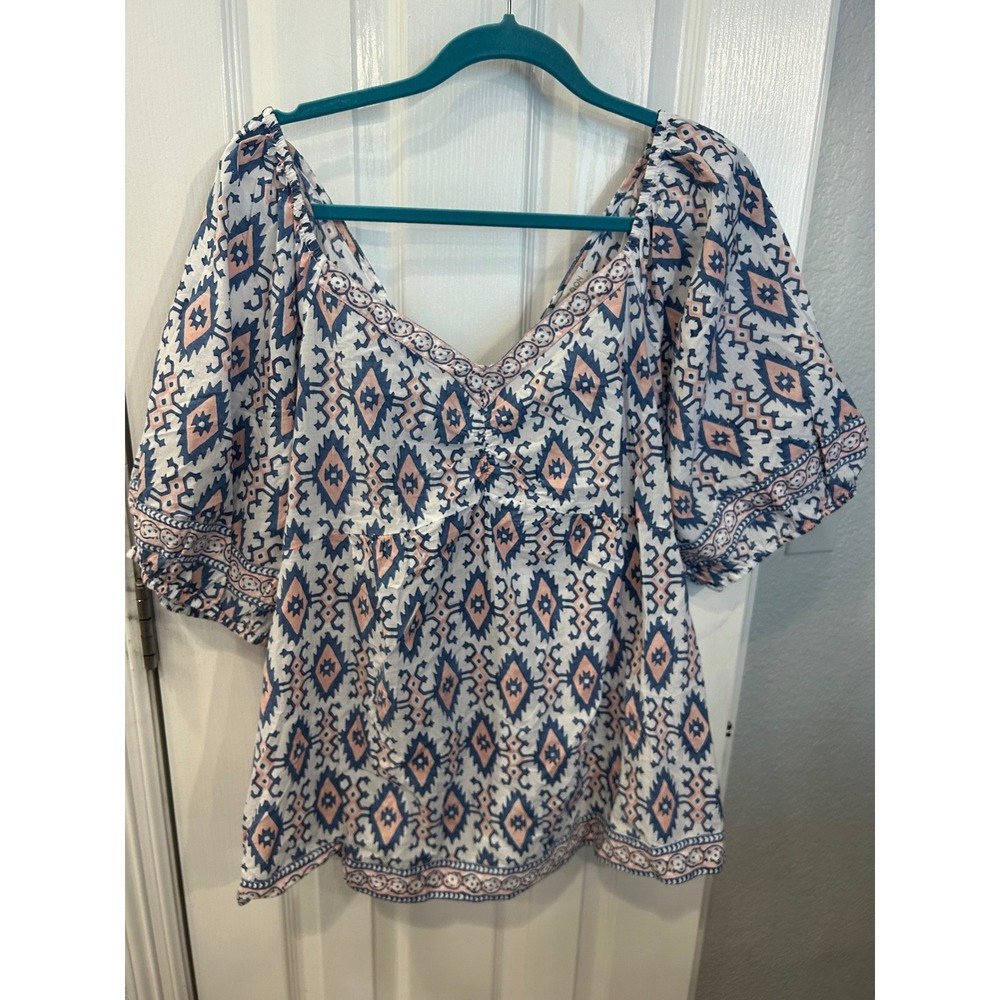 Monsoon Blouse Blue Pink Geometric Ikat Puff Sleeve Lace Up Back Cotton‎ Top XL